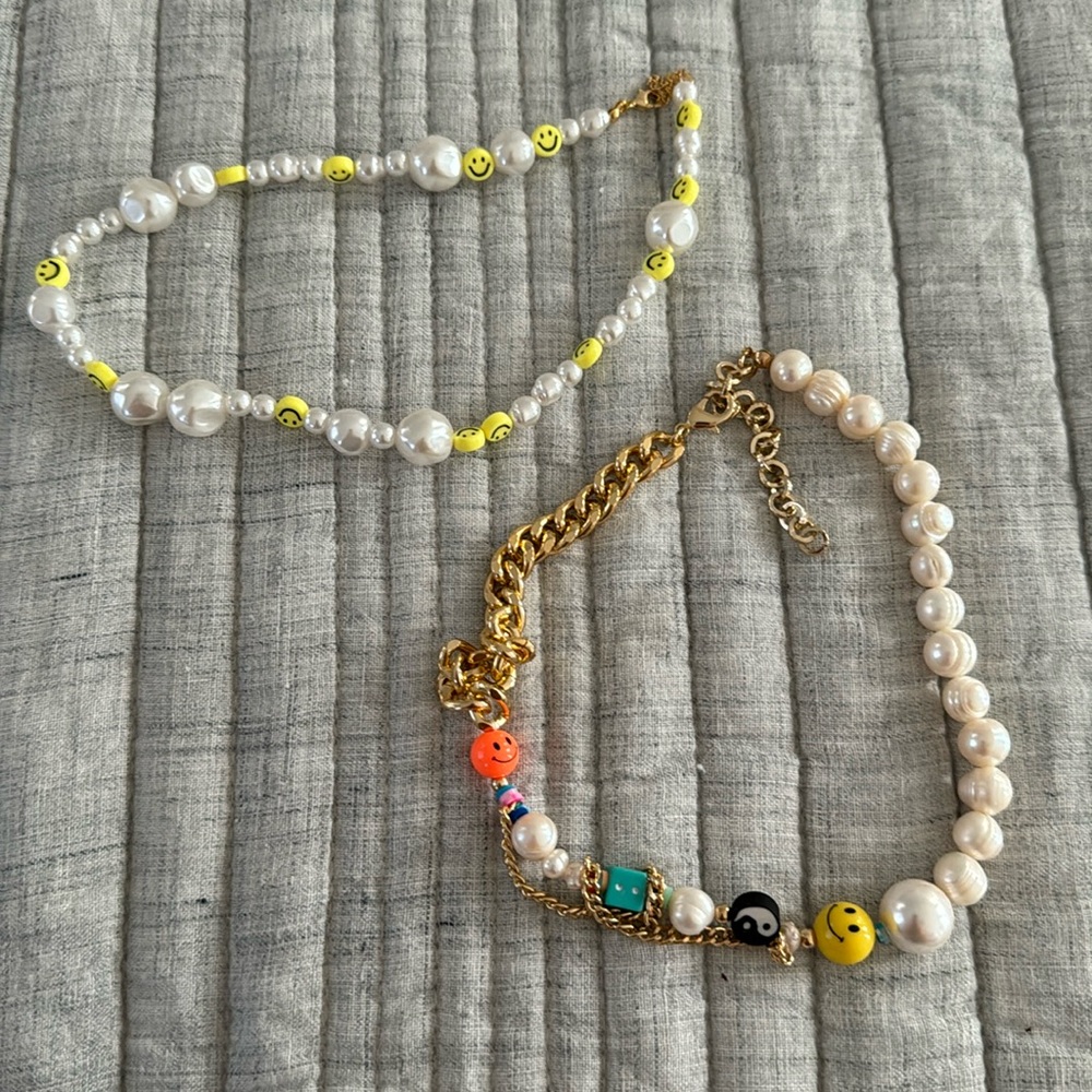 Summery pearl smiley necklace stack